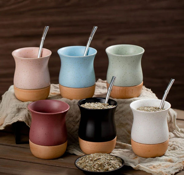 260ml Ceramic and wooden Yerba Mate Gourd Cup